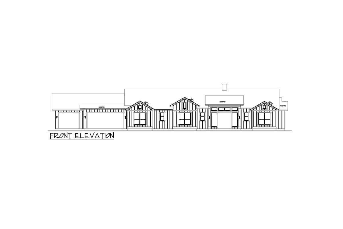 Front elevation drawing of a single-story house plan with a two-car garage, gabled dormers, and a covered entry.