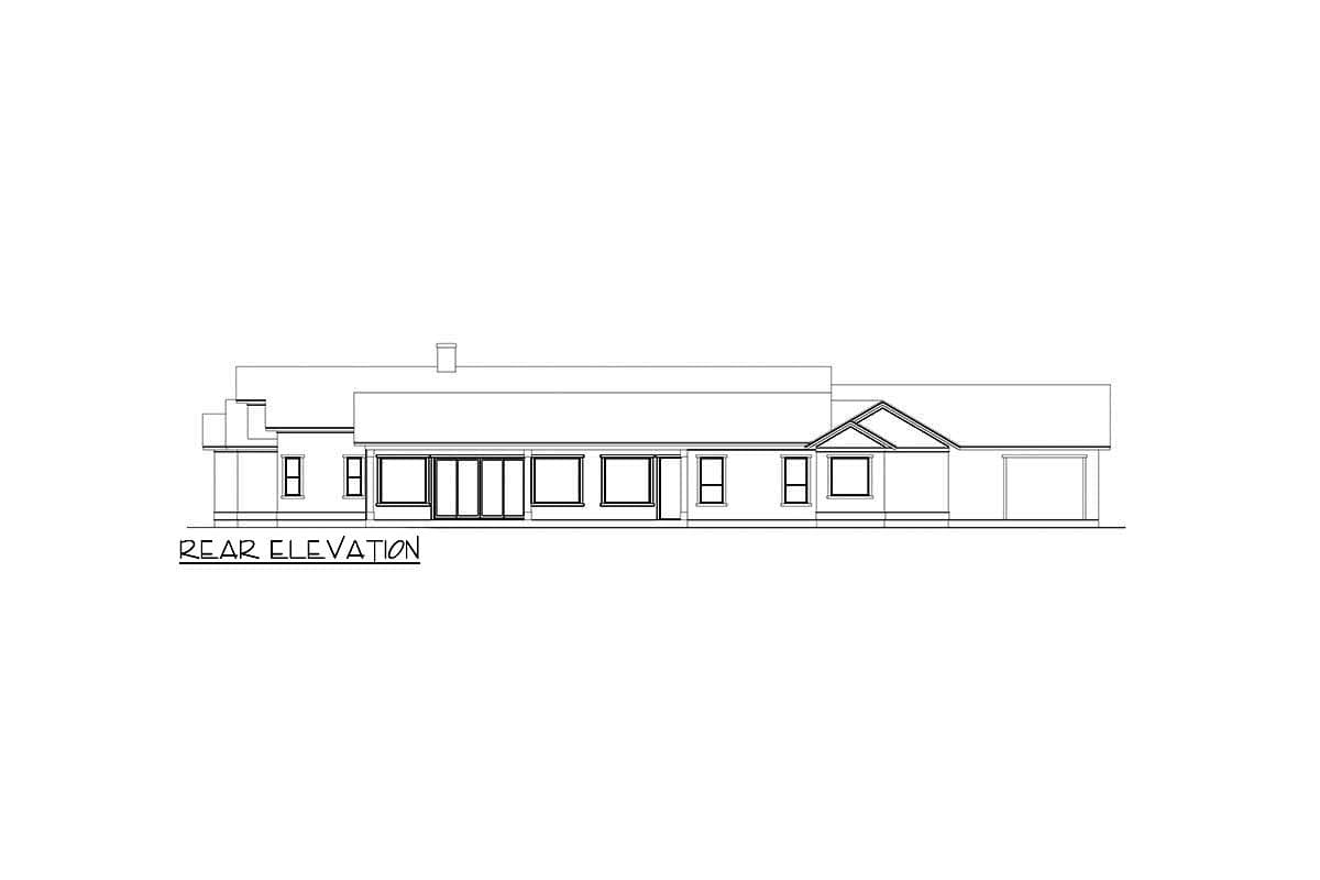 Rear elevation drawing of a single-story house plan with a prominent gable, large windows, and an attached garage.