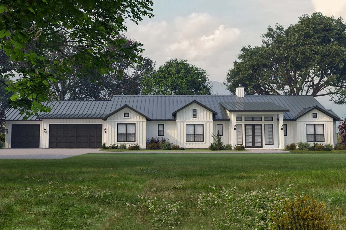 House plan exterior rendering. Modern farmhouse style with metal roof, gable detailing, and attached two-car garage. Features a covered entry porch.
