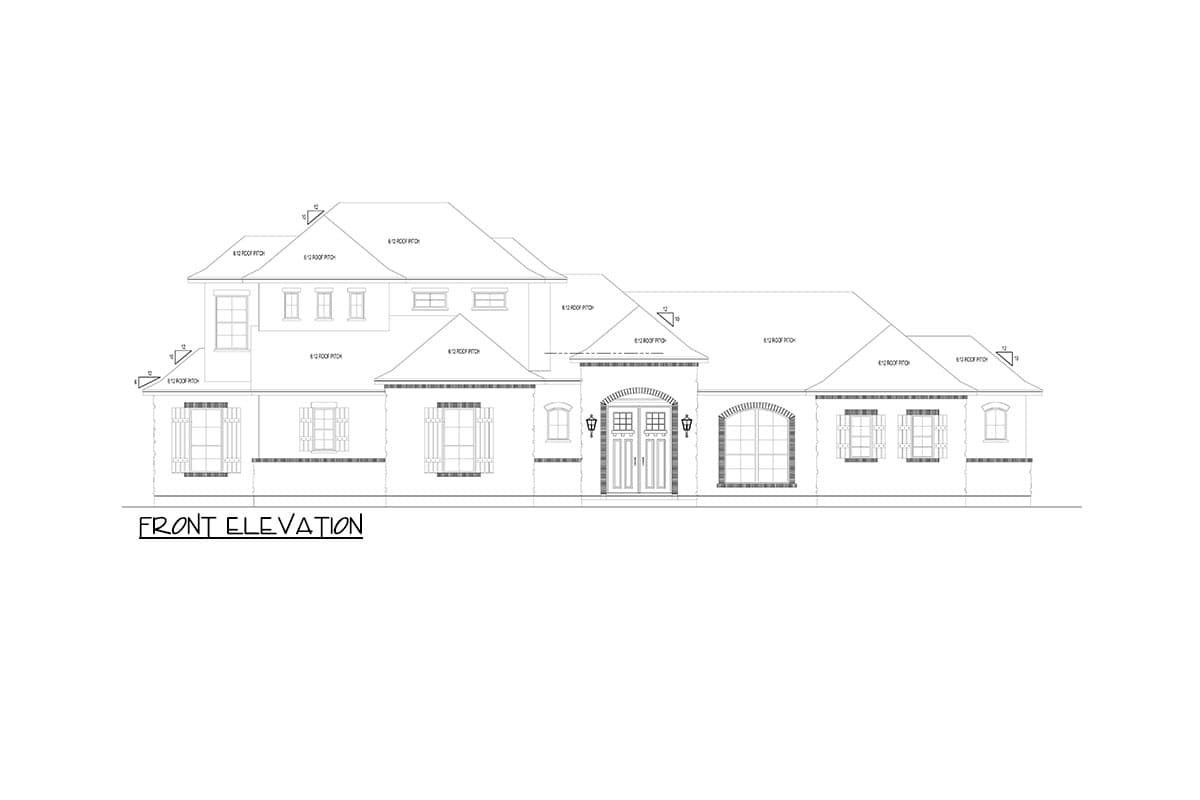 Front elevation drawing of a two-story house with multiple gables, arched windows, and a prominent double door entrance.