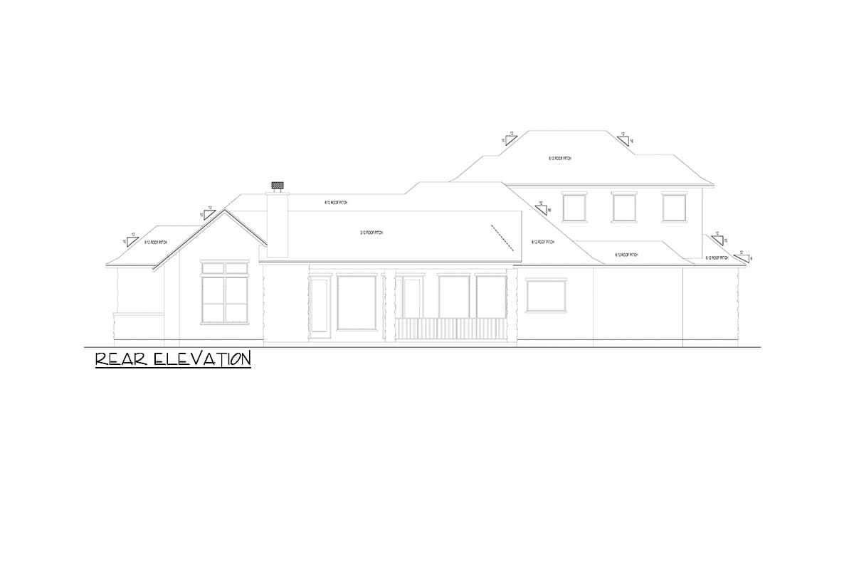 Rear elevation drawing of a house with multiple gables and varied roof pitches.