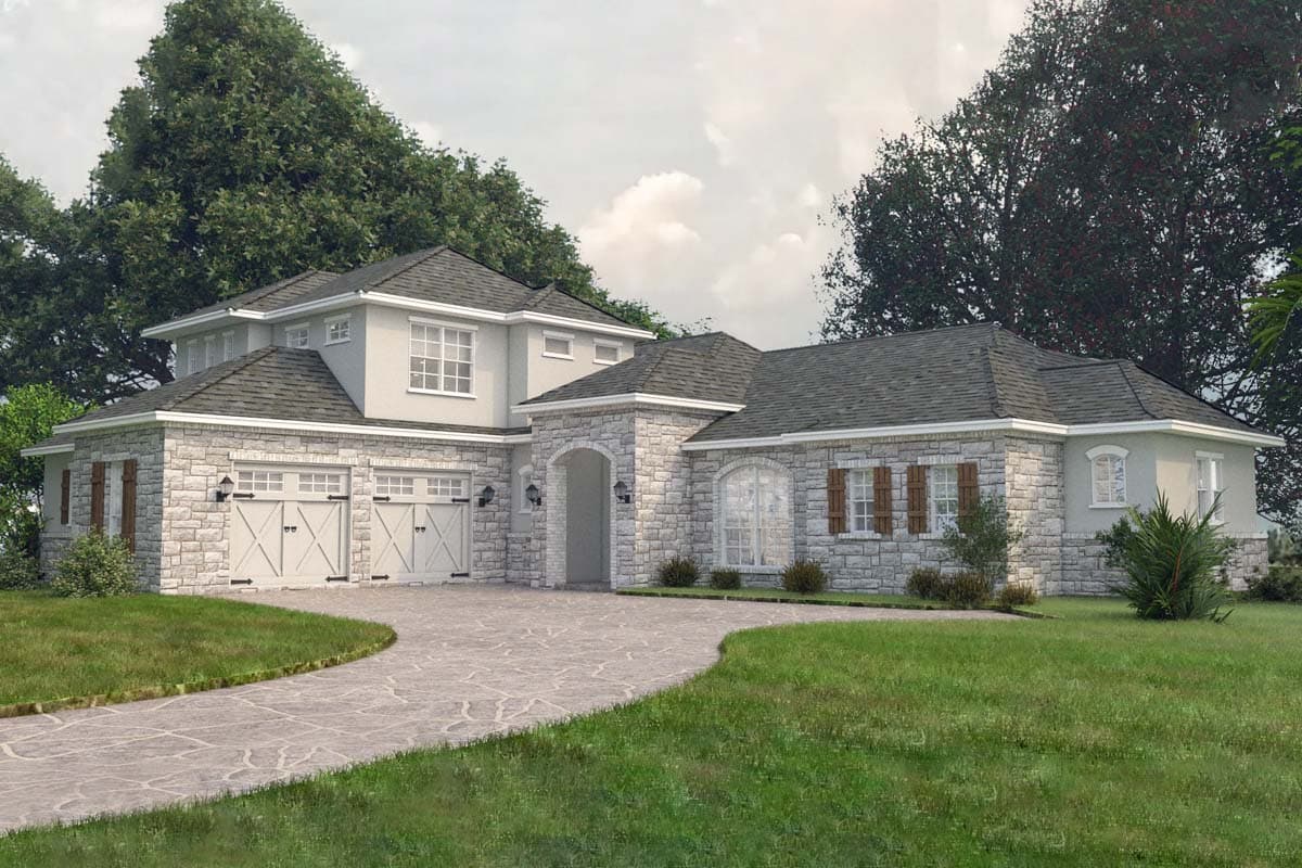 House plan exterior: Stone and stucco, two-story home with a three-car garage, arched entry, and multi-level rooflines.