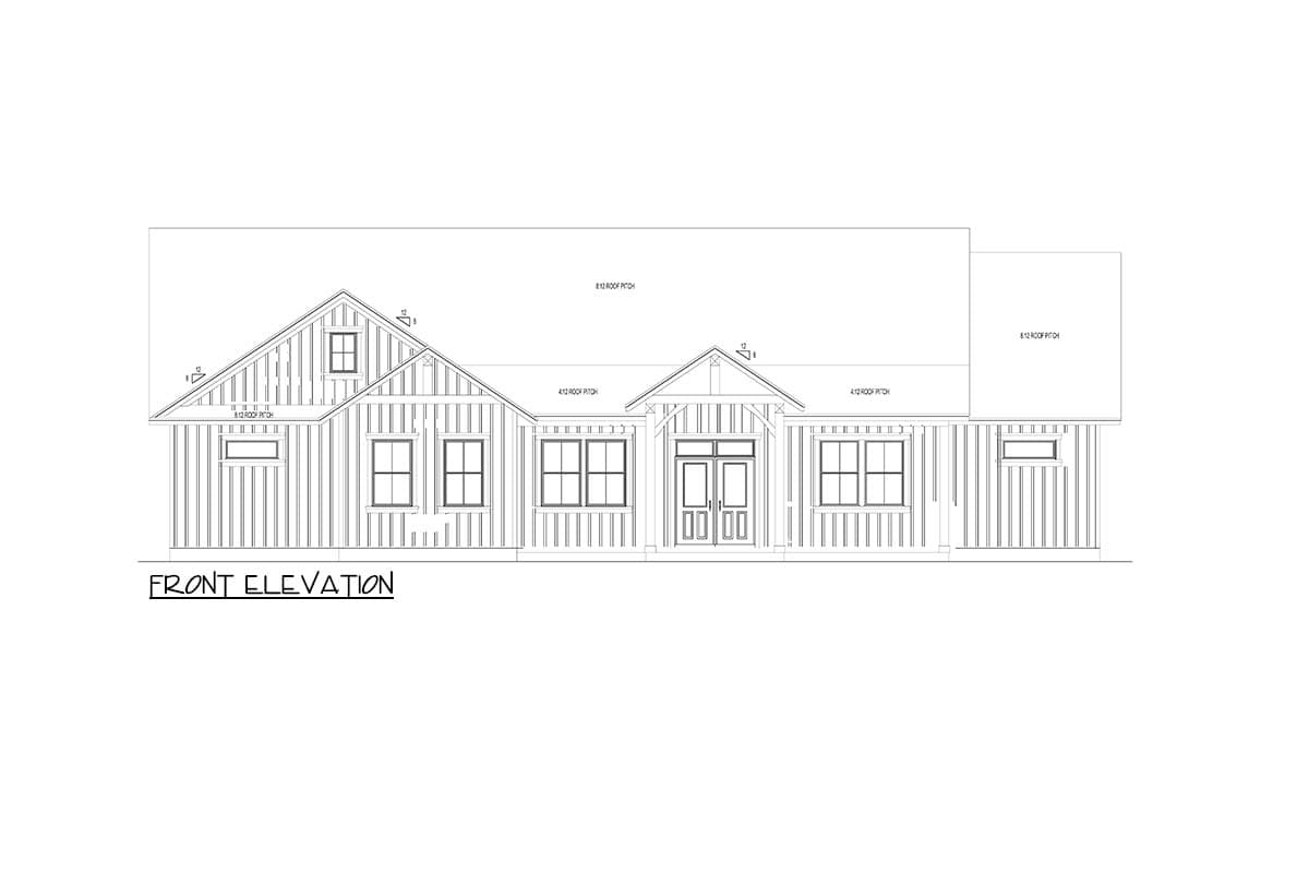 Front elevation drawing of a one-story house plan with a gabled roof, prominent central entrance, and board-and-batten siding.