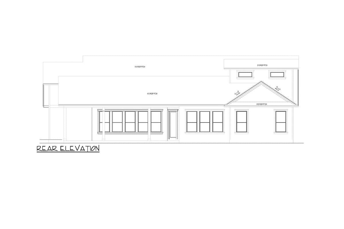 Rear elevation house plan showing a covered porch, multiple windows, gables, and roof pitches.
