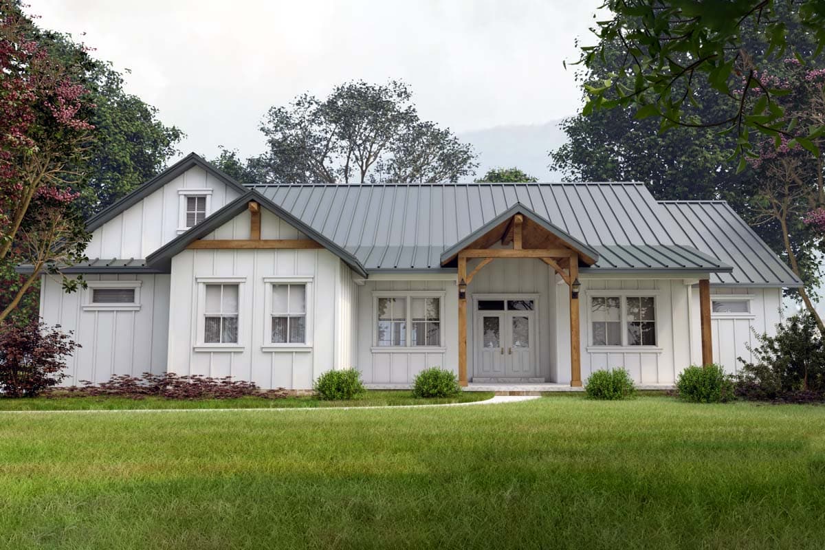 House plan exterior. Farmhouse style with metal roof. Features include a front porch with exposed timber supports, gables, and vertical siding.