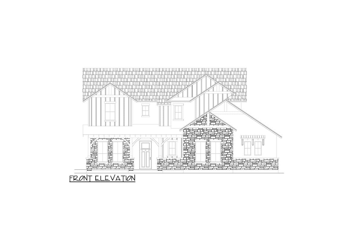 Front elevation drawing of a two-story house plan featuring stone accents, vertical siding, prominent gables, and a covered front porch.