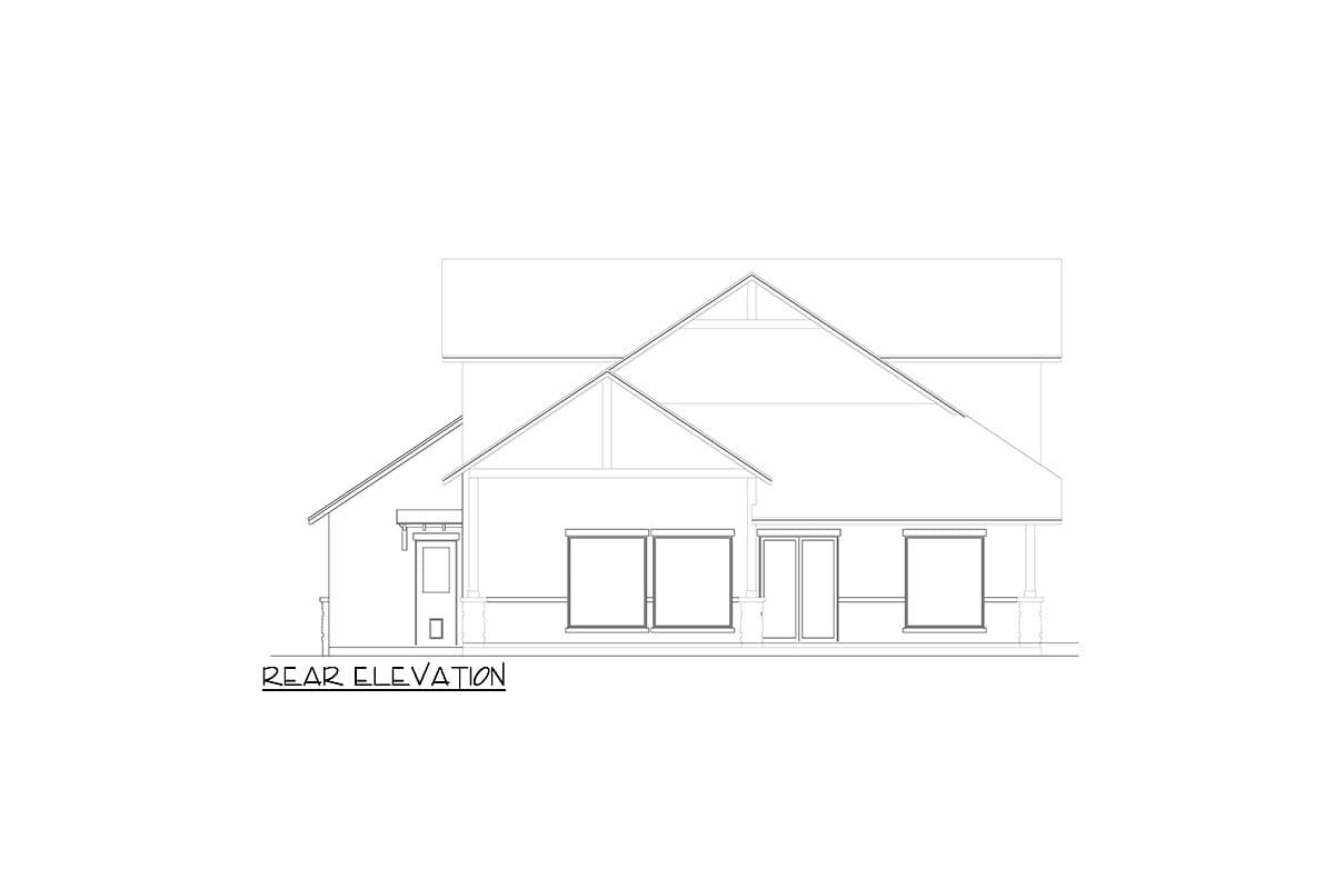 Rear elevation drawing of a two-story house with multiple gables, a covered porch, and large windows.