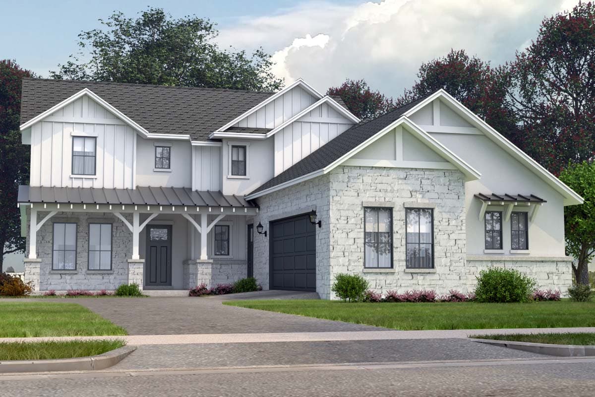 House plan exterior in Modern Farmhouse style with two stories, gabled roof, stone facade on garage, and covered porch with pergola.