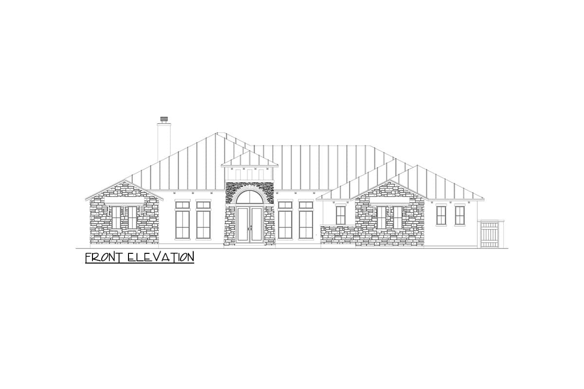 Front elevation house plan with stone accents, pitched metal roof, and arched entryway.