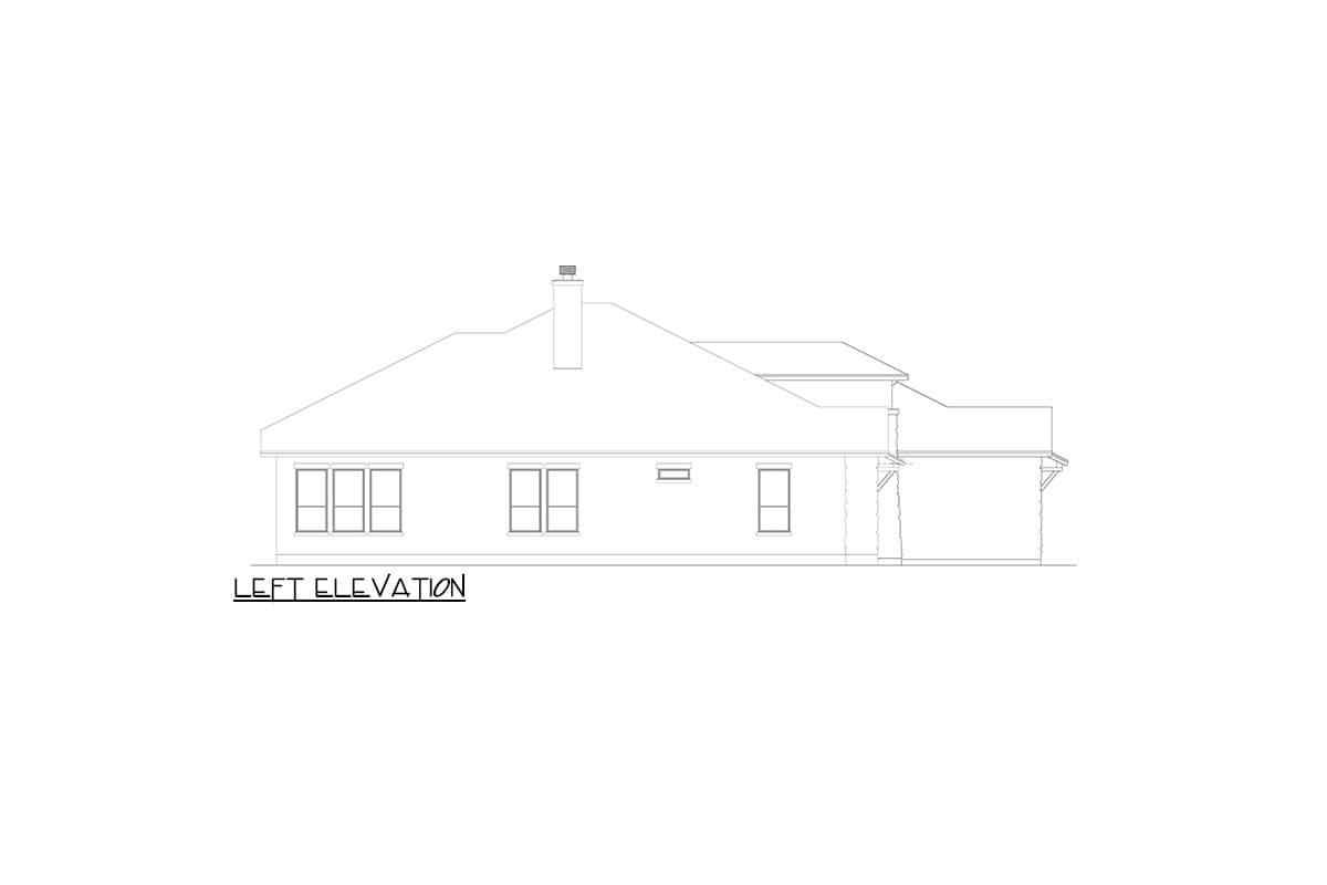 Left elevation drawing of a single-story house plan with a prominent chimney and multiple windows.