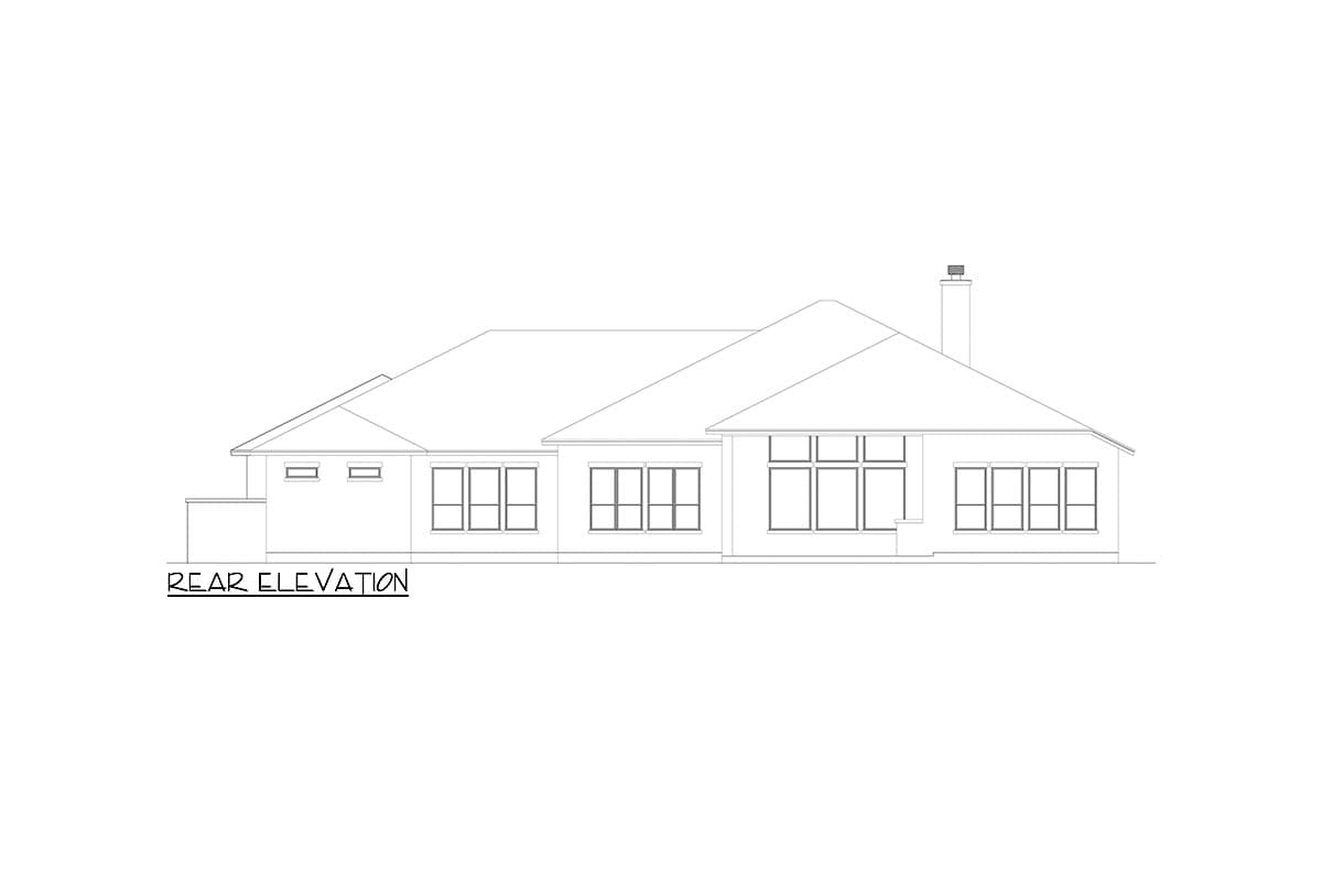 Rear elevation drawing of a single-story house plan, featuring a prominent chimney and large window groupings.