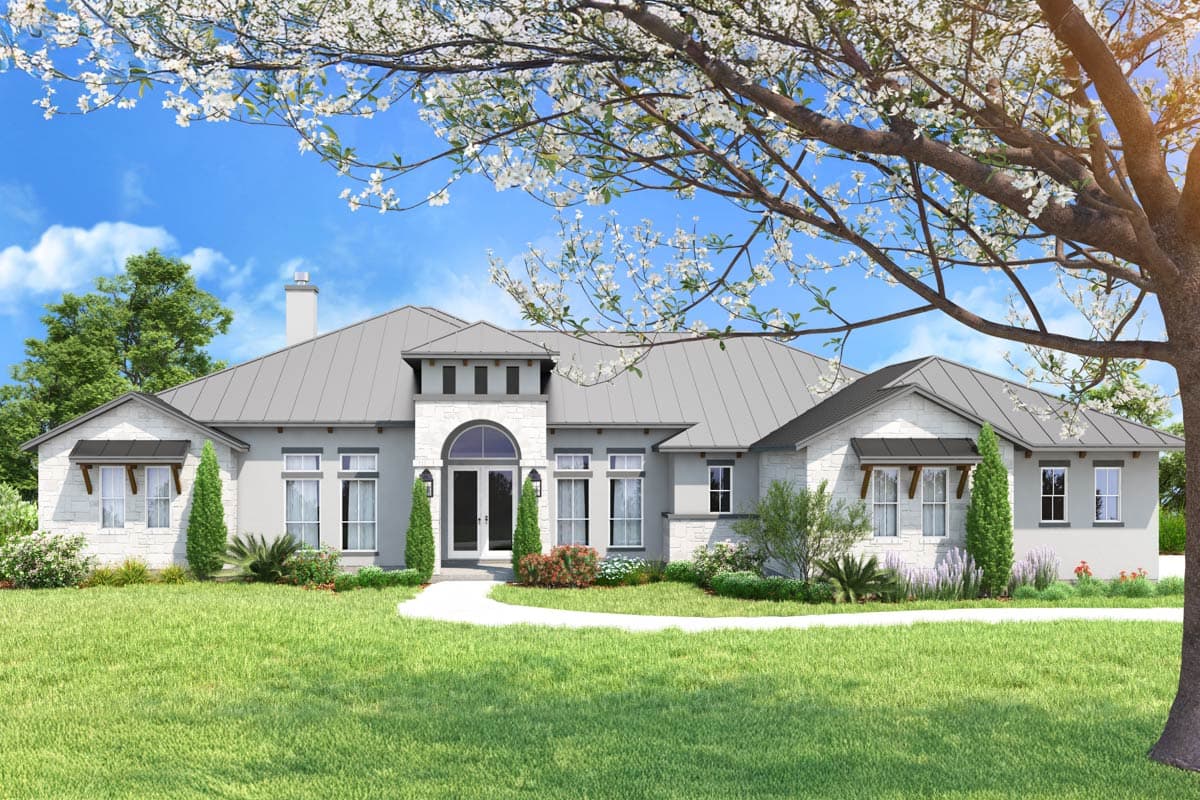 House plan exterior. Single-story home with a hipped roof, gable accents, and arched entryway. Features include window awnings and a stone facade.