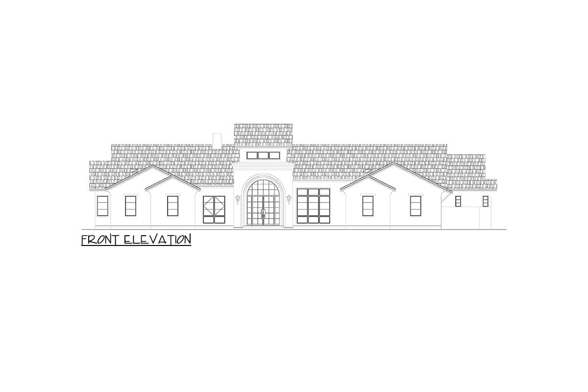 Front elevation drawing of a one-story house with a symmetrical facade, arched entryway, and tiled roof.