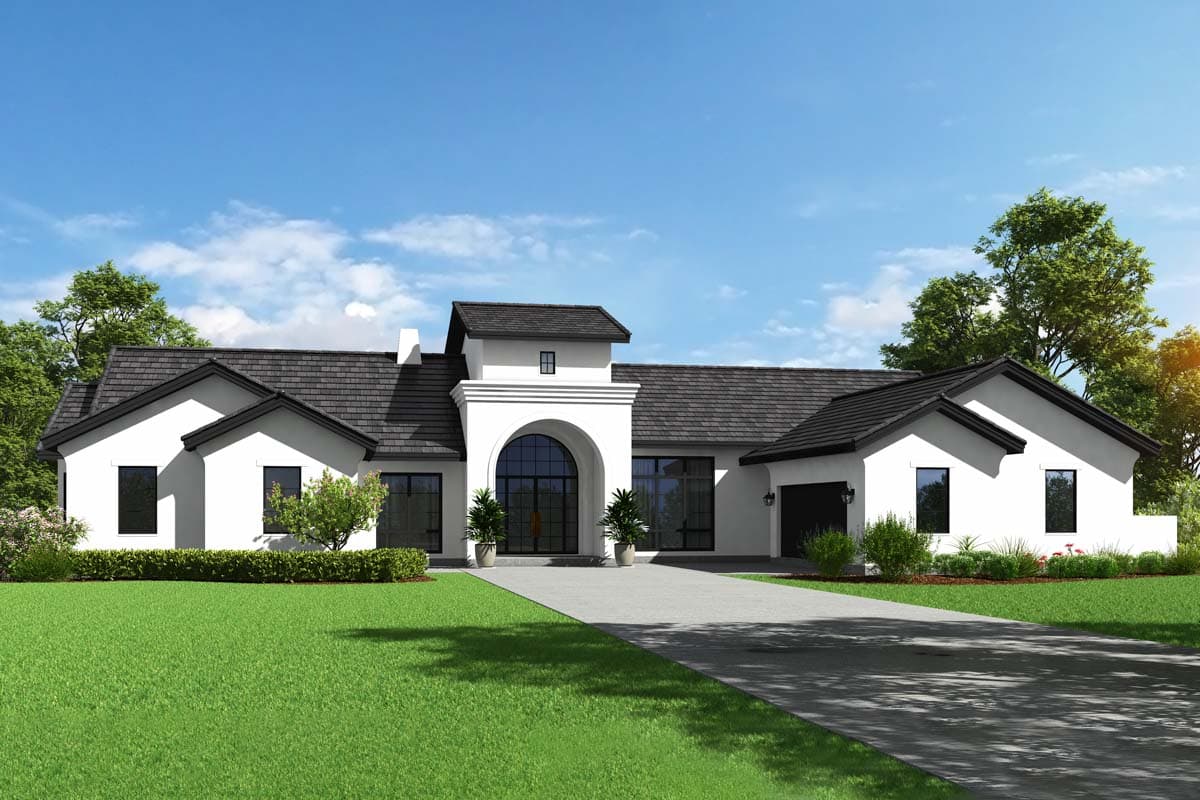 House plan exterior. Modern style, single story. Features include an arched entry, dark shingle roof, and attached garage with a dark door.