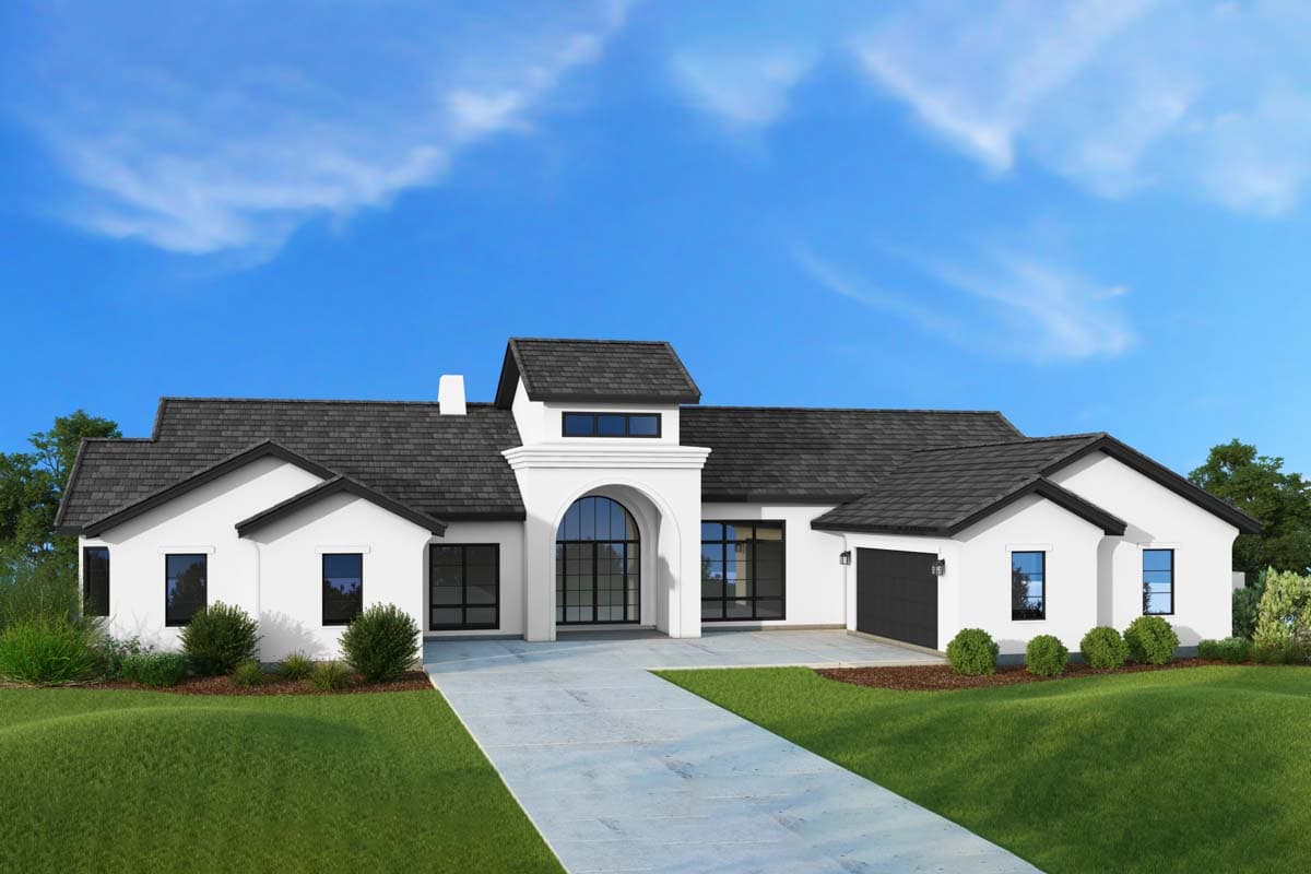 Modern house plan exterior with arched entry, gabled rooflines, and attached garage.