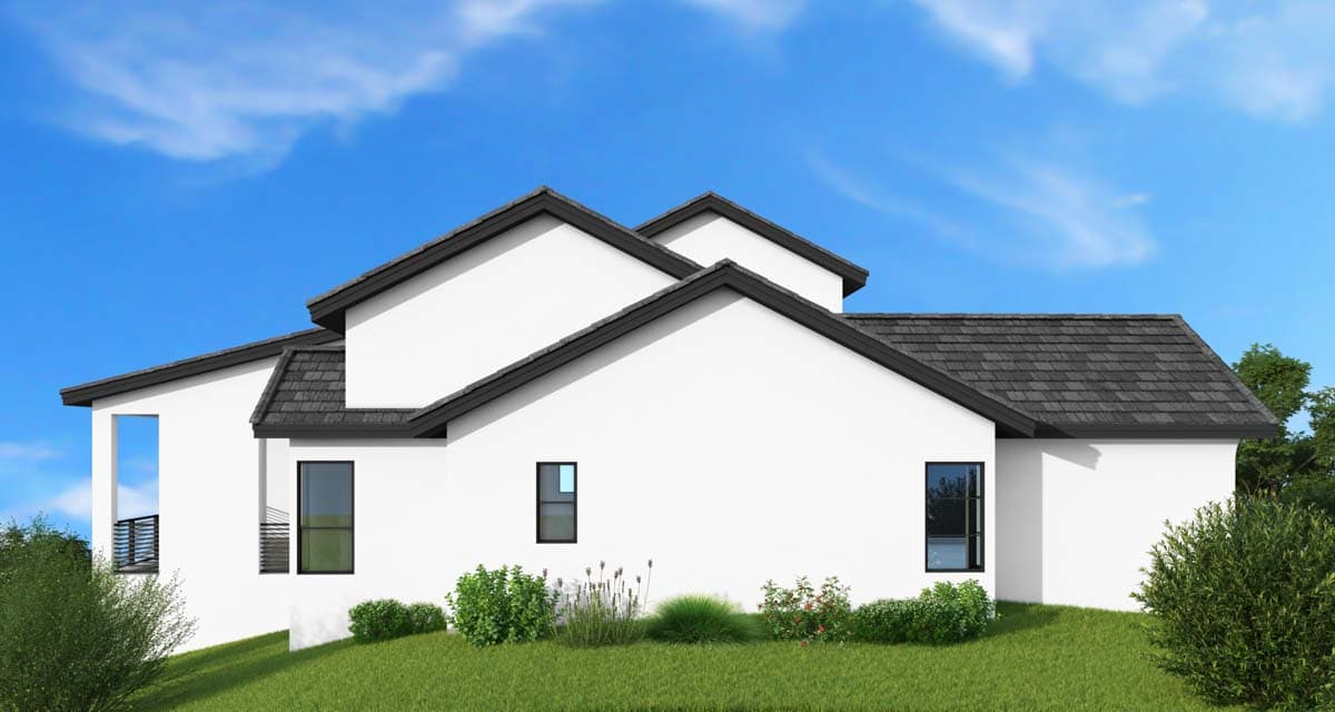 House plan exterior featuring a white stucco finish, dark asphalt shingle roof, and multiple gables.