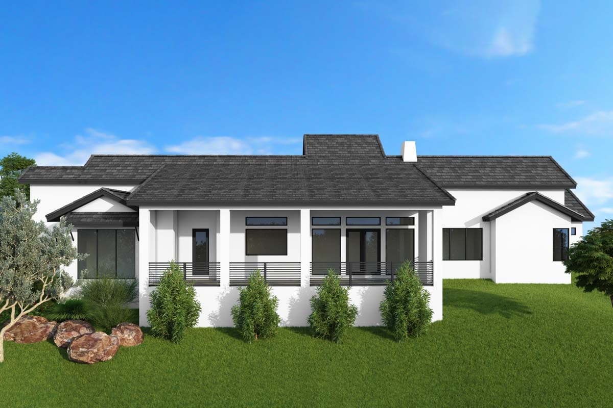 House plan exterior: One-story modern design with a covered porch, multiple gables, and dark-framed windows.