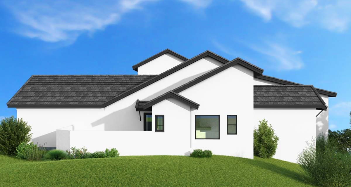 House plan exterior, modern style with a white stucco facade, dark pitched roofs, and large dark-framed windows.
