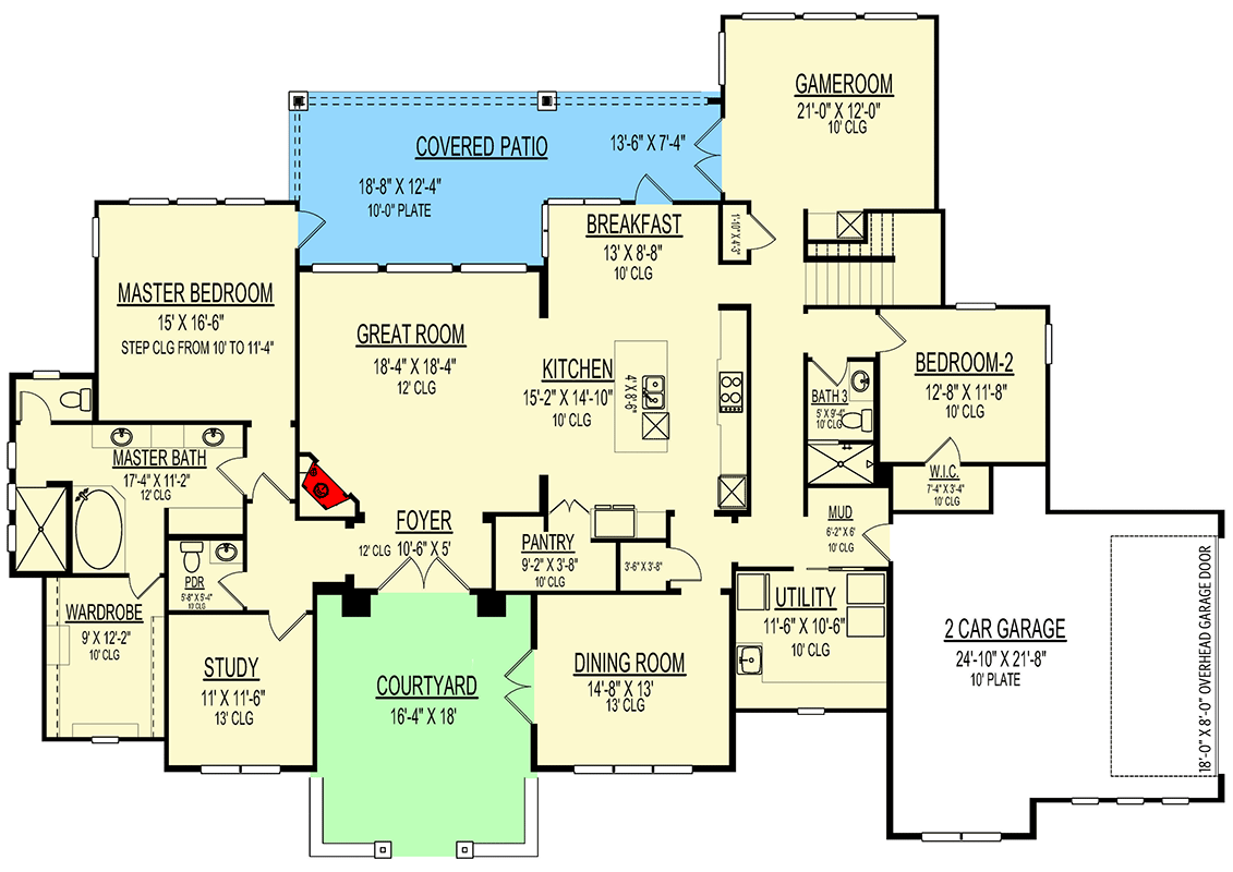 Plan 264022KMD: 4-Bed Stone-and-Stucco Hill Country House Plan with Courtyard Entry - 3892 Sq Ft - Floor Plan - Main Level - Contemporary, European, Hill Country, Mediterranean, Transitional