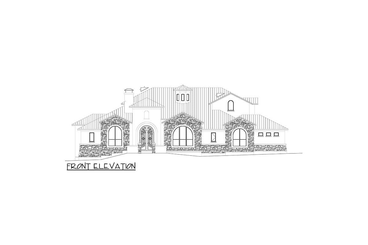 Front elevation drawing of a house plan featuring stone accents, arched windows, and a metal roof with multiple gables.