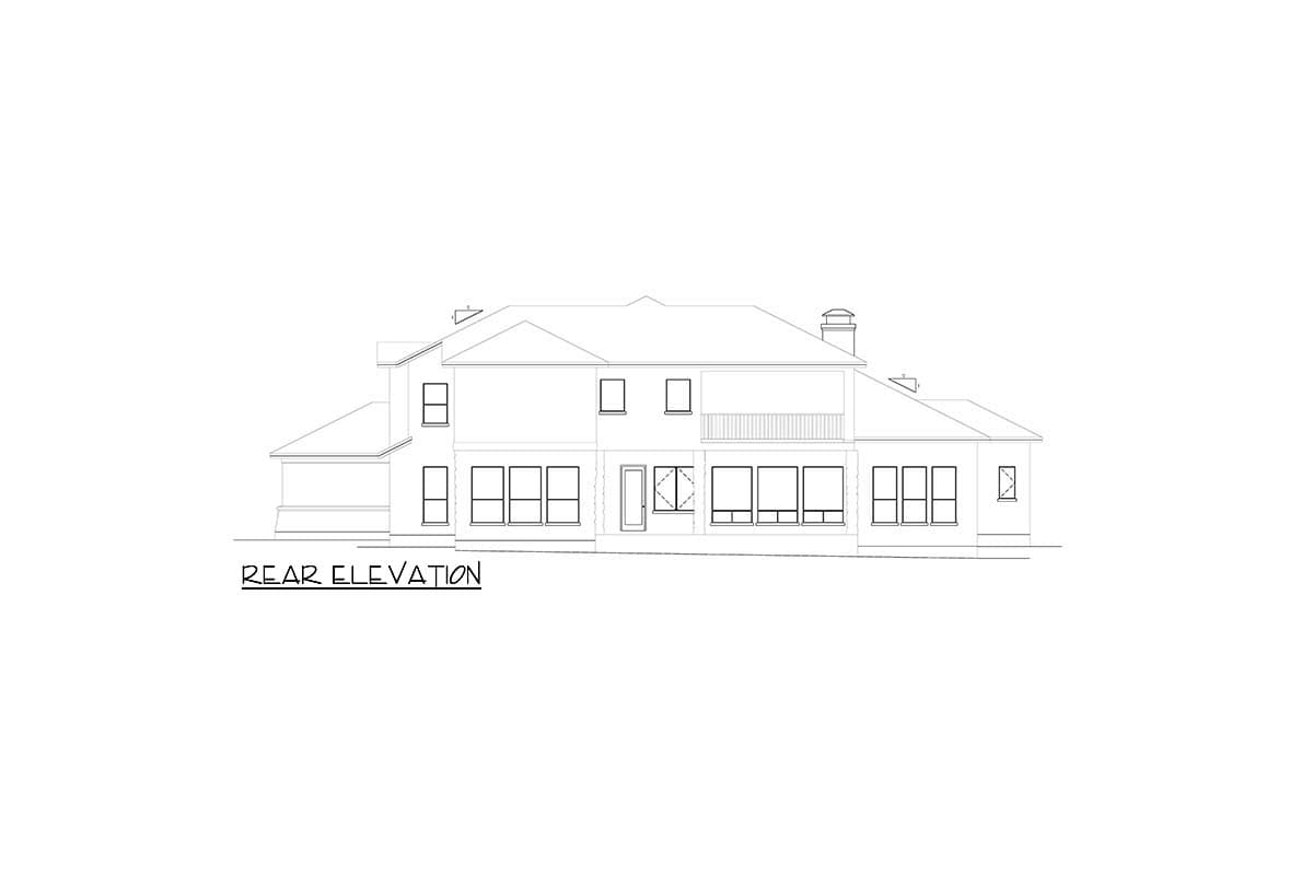Rear elevation drawing of a two-story house with a balcony, multiple windows, and a chimney.