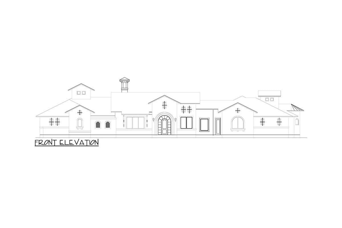 Front elevation drawing of a single-story house plan featuring a prominent arched entry, varied window styles, and multiple gables.