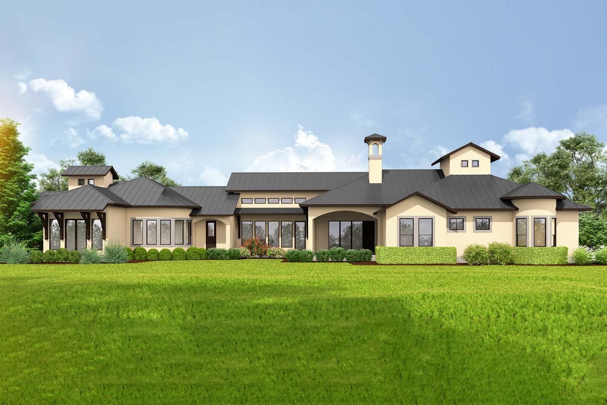 House plan exterior rendering of a one-story home with a hip roof, covered entry, arched openings, and a prominent chimney.