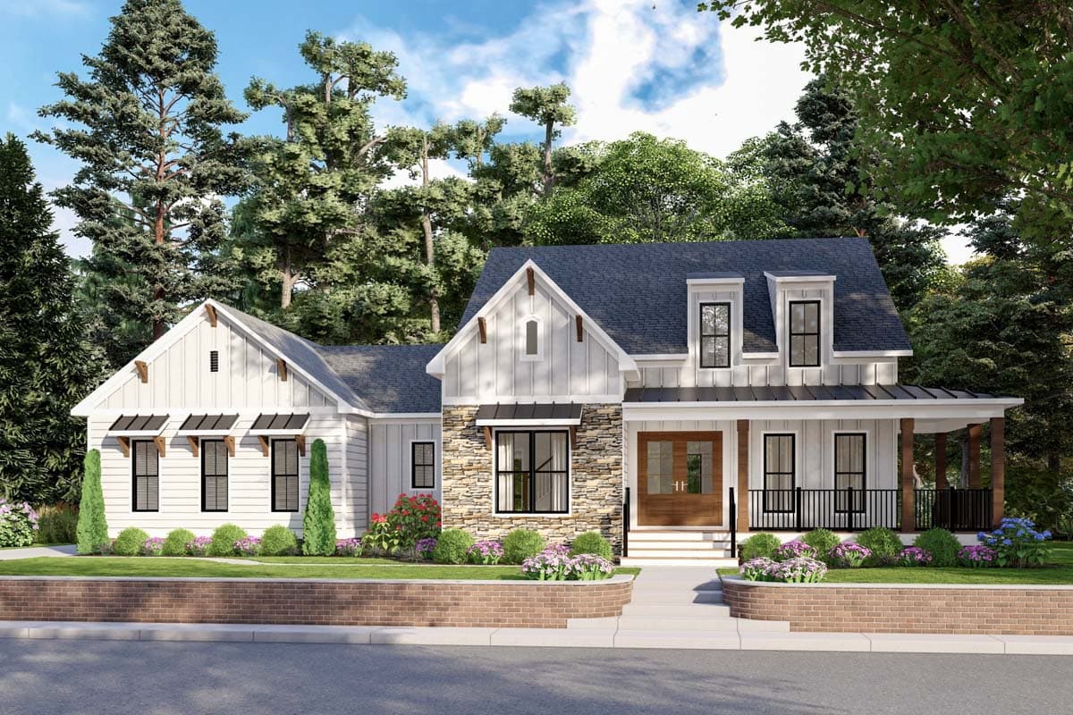 House plan exterior rendering. Modern Farmhouse style with a two-story structure, porch, gables, dormers, and stone accents.