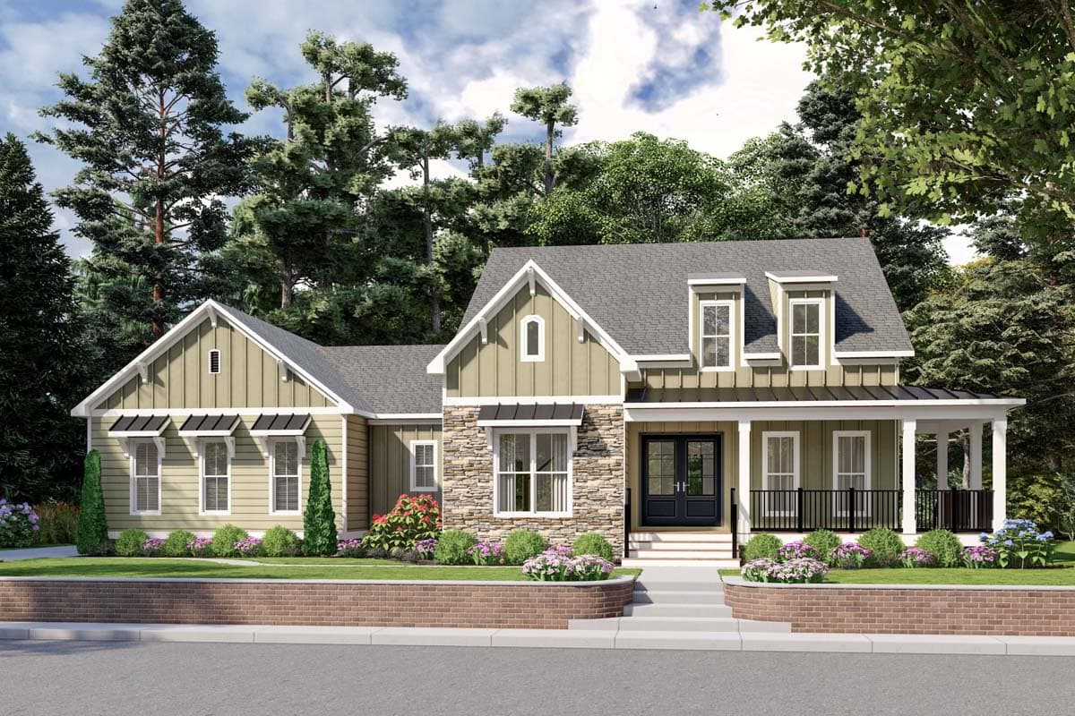 House plan exterior: two-story Modern Farmhouse with gabled dormers, stone accents, and a covered front porch with black railing.