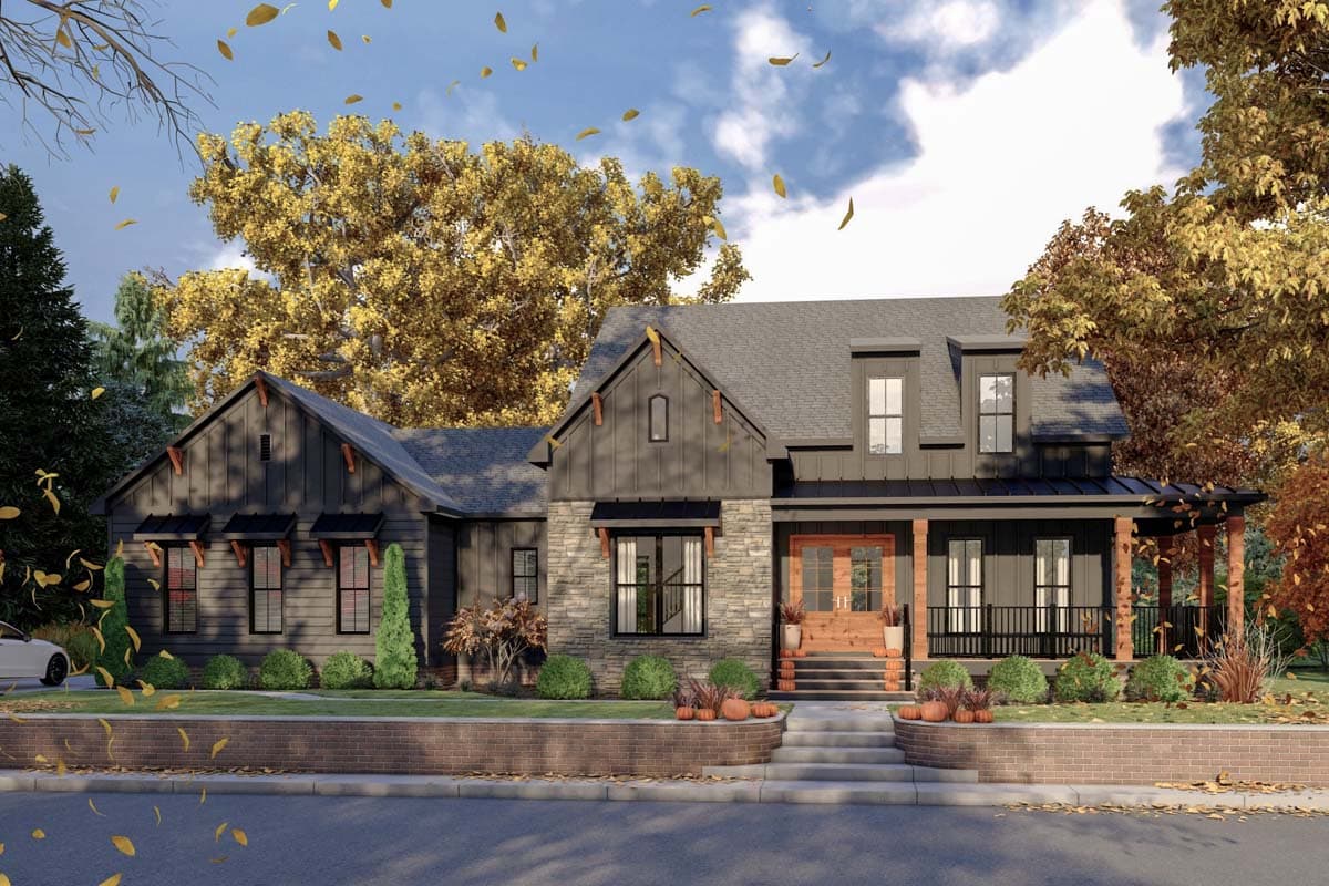 House plan exterior: Modern Farmhouse style, 1.5 stories, with stone accents, gables, dormers, and covered front porch.