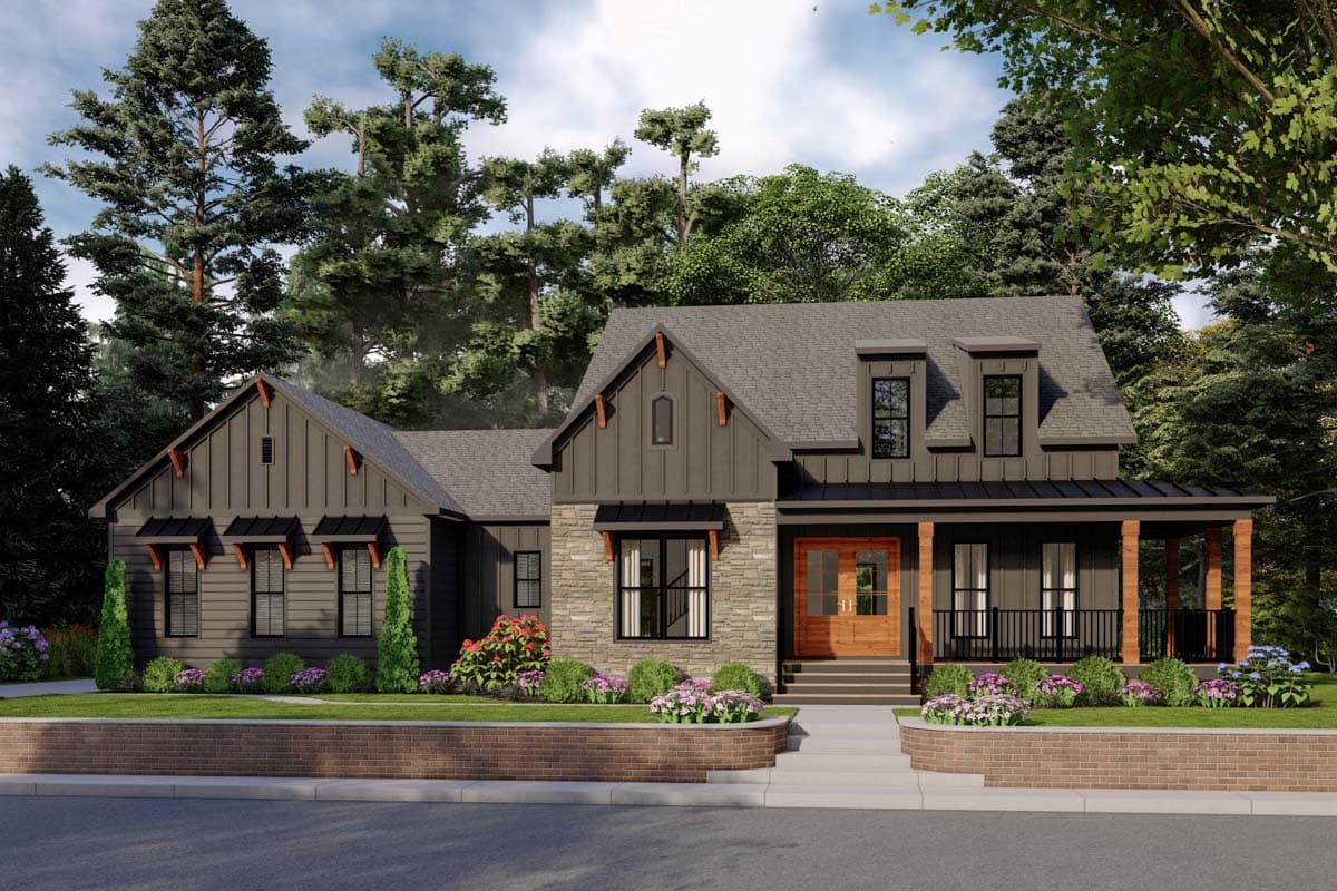 Modern Farmhouse house plan exterior with stone accents, board and batten siding, covered porch, and dormers.