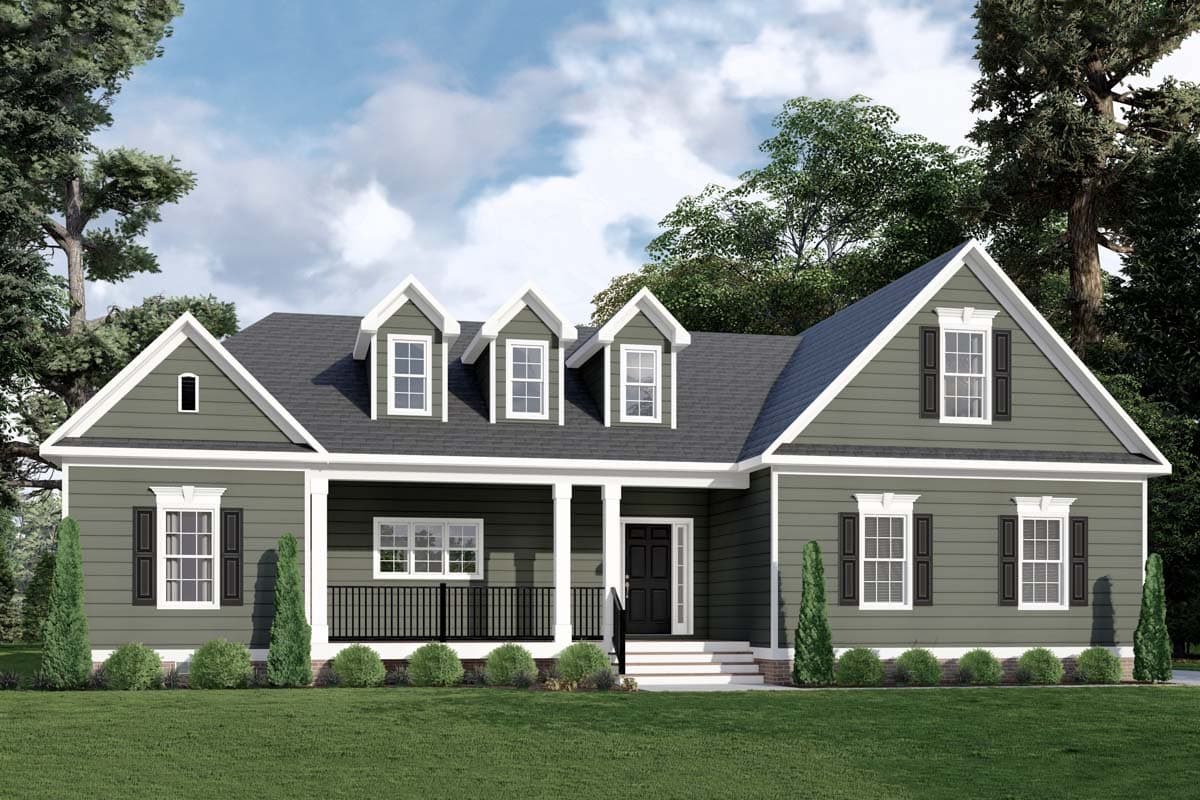 House plan exterior: one-story home with gabled dormers, a covered porch with columns, and double-hung windows with shutters.