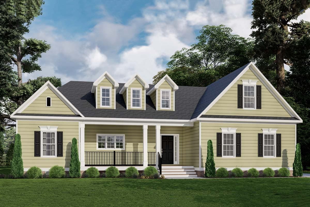 House plan exterior: Ranch style, one story, with front porch, three dormers, gables, and wide siding.