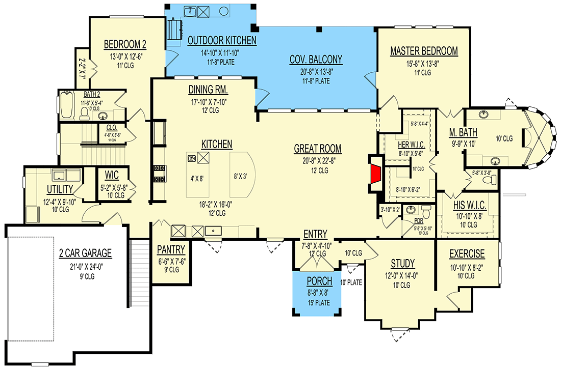 Plan 264025KMD: Mediterranean-Style House Plan with Lower Level Game Room - 4062 Sq Ft - Floor Plan - Main Level - European, Mediterranean, Spanish, Transitional