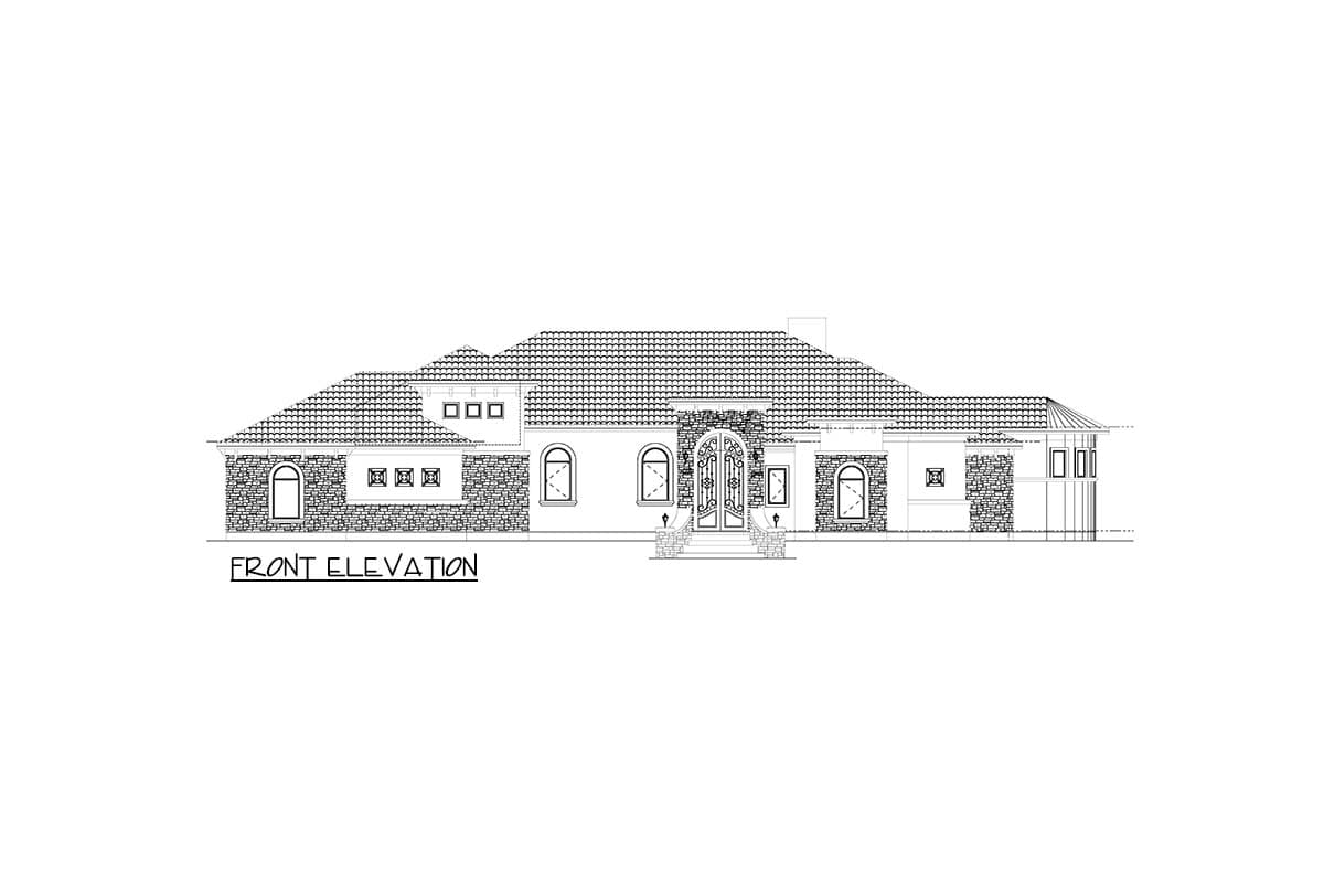 Front elevation drawing of a single-story house with a tiled roof, arched windows, stone accents, and a double-door entry.