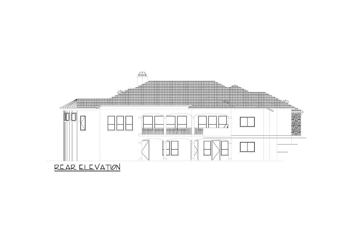 Rear elevation drawing of a two-story house plan with a tile roof, multiple windows, and a balcony.