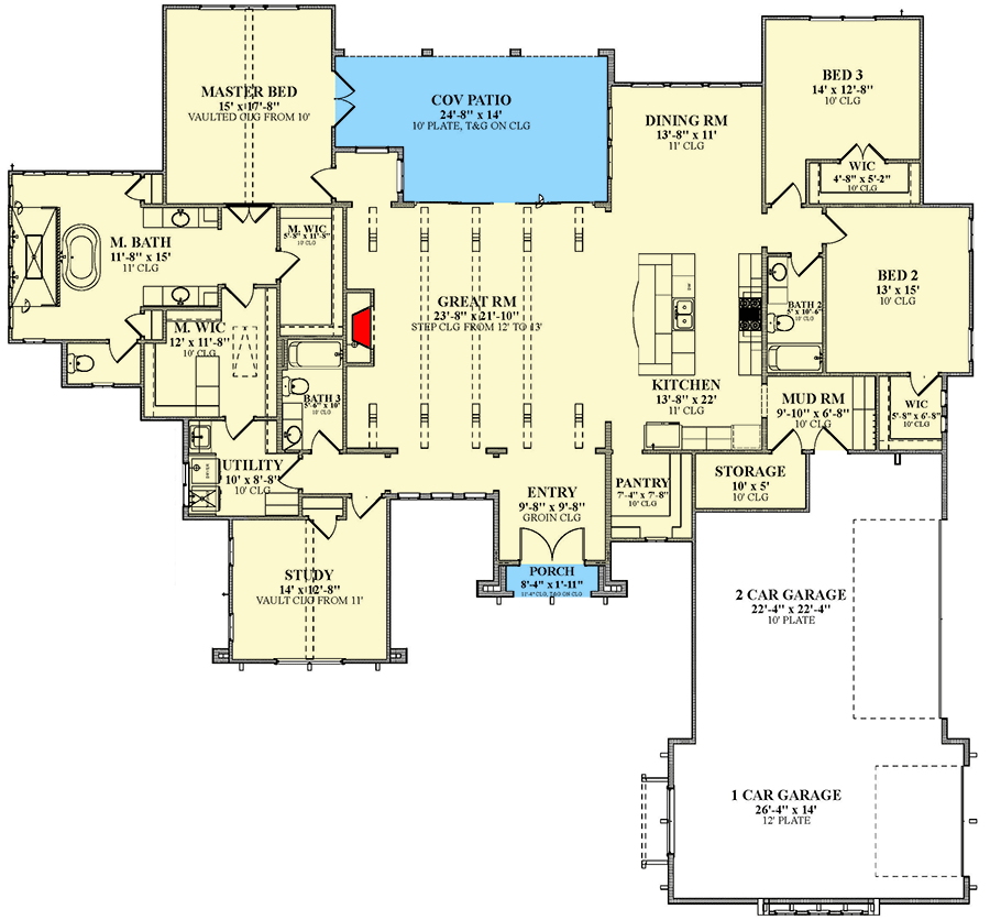 Plan 264026KMD: 3-Bed Spanish Style House Plan with Open Concept Core - 3190 Sq Ft - Floor Plan - Main Level - European, Mediterranean, Southwest, Spanish, Tuscan