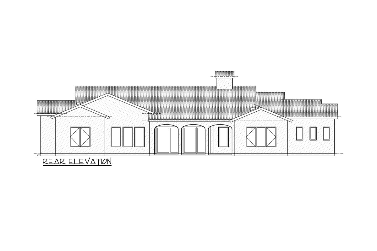 Rear elevation drawing of a single-story house with gabled rooflines, arched doorways, and multiple windows.