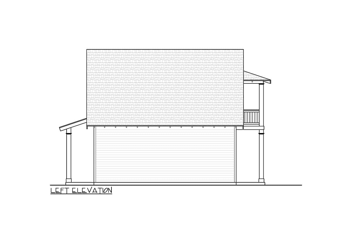 Left elevation house plan shows a two-story structure with a covered porch and gabled roof.