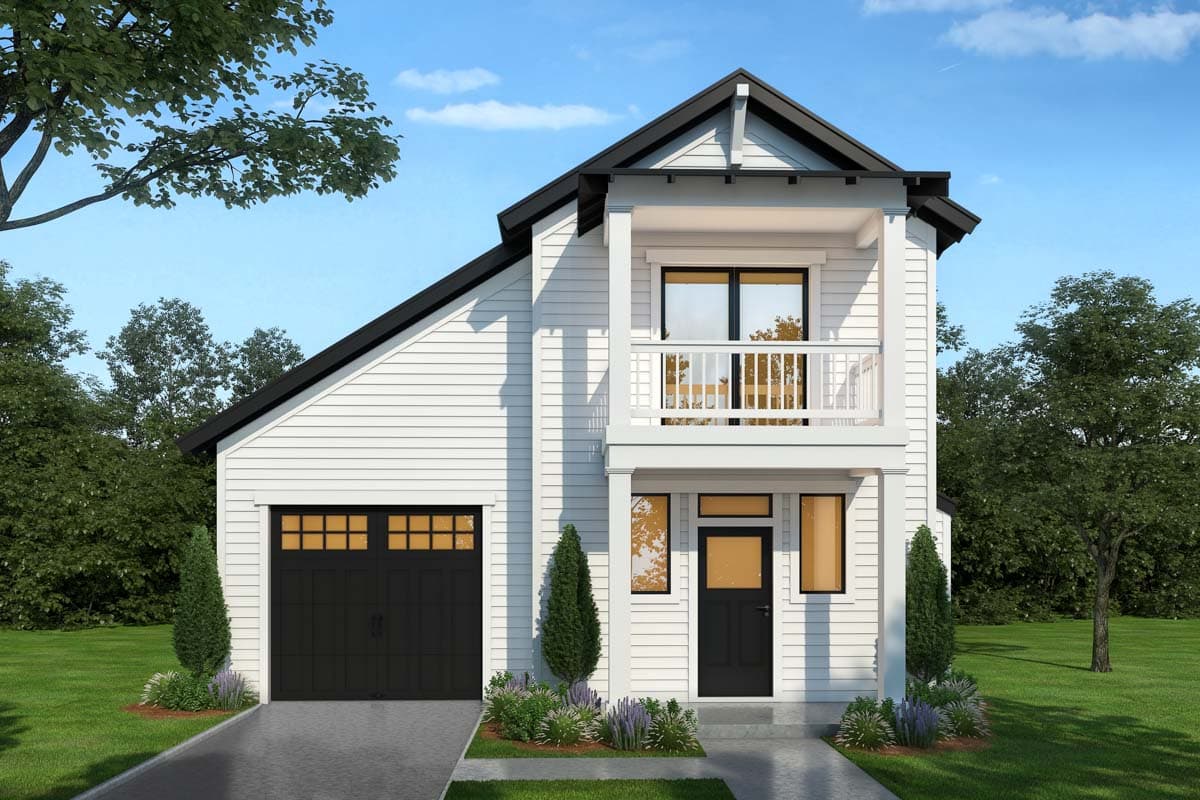 House plan exterior with two stories. Features include a second-story balcony, a gabled roof, and a garage.