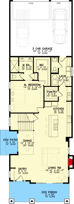 Plan 246010DLR: Narrow Urban House Plan with Upstairs Office and Game Room - 2831 Sq Ft - Floor Plan - Main Level - Craftsman, Mountain, New American
