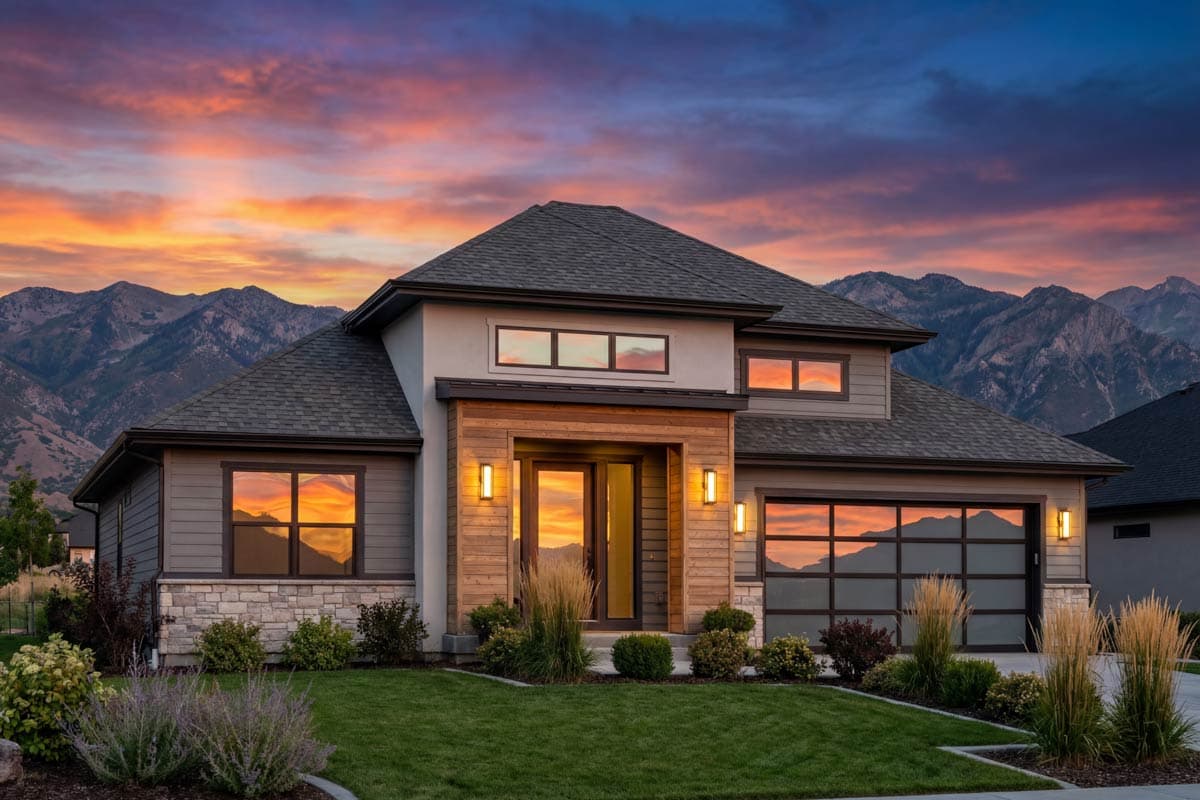 Modern two-story house plan exterior with stone accents, wood detailing, a covered entryway, and a glass garage door.