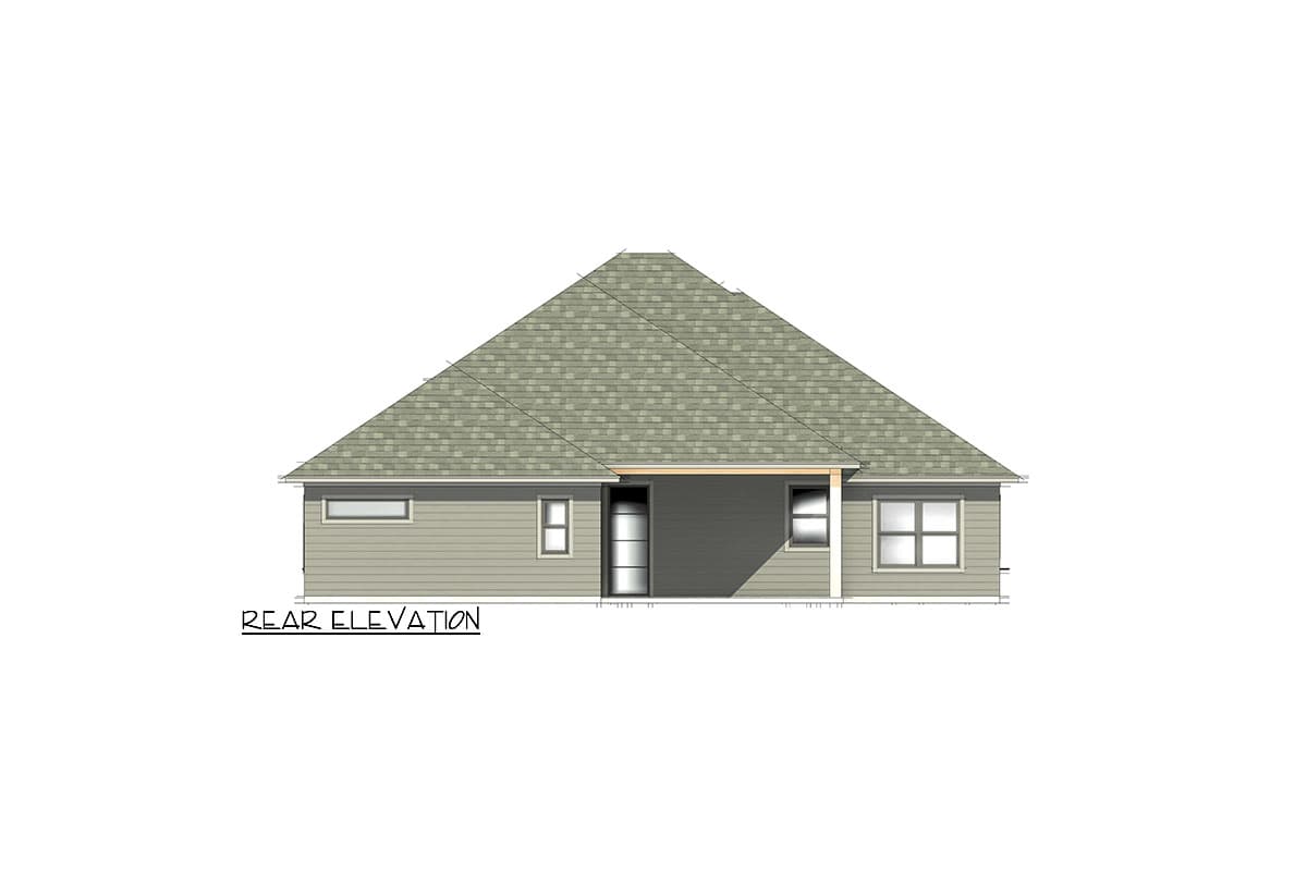 Rear elevation drawing of a house plan with a hipped roof, covered patio, and multiple windows.