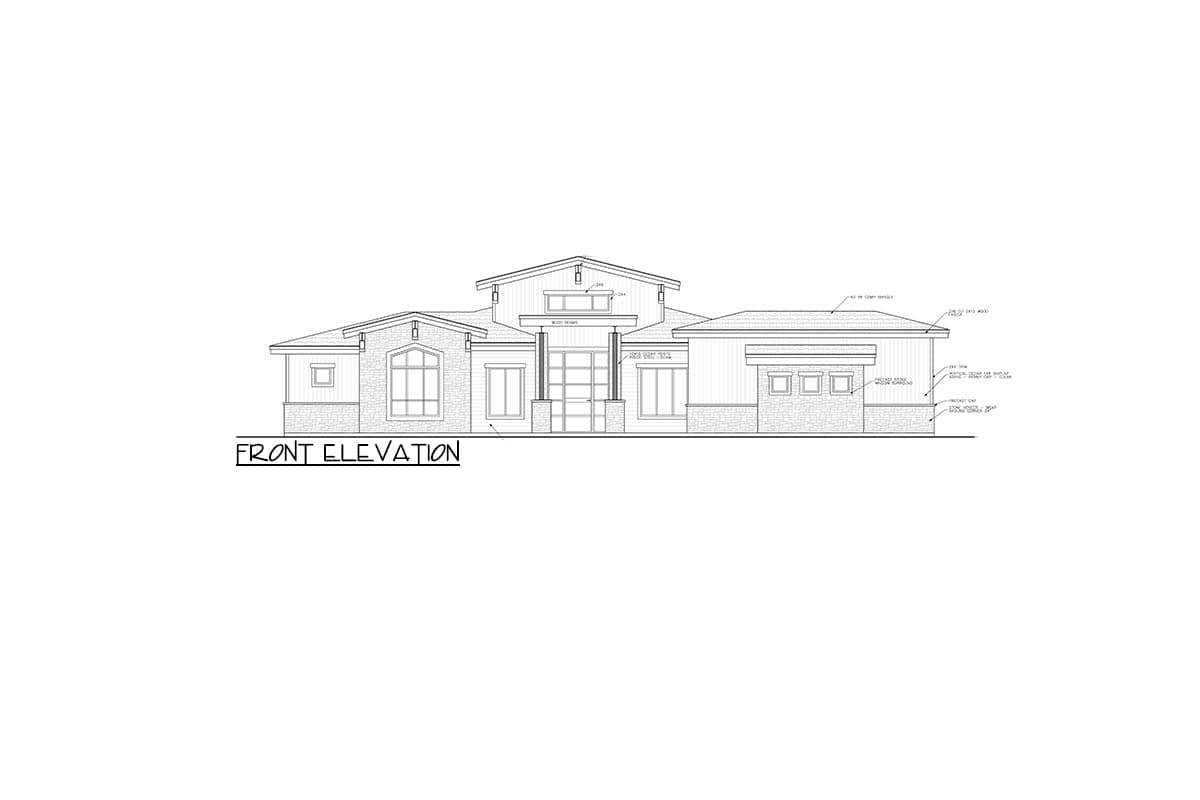 Front elevation drawing of a single-story house with a gabled roof, stone accents, and a prominent central entrance with large windows.