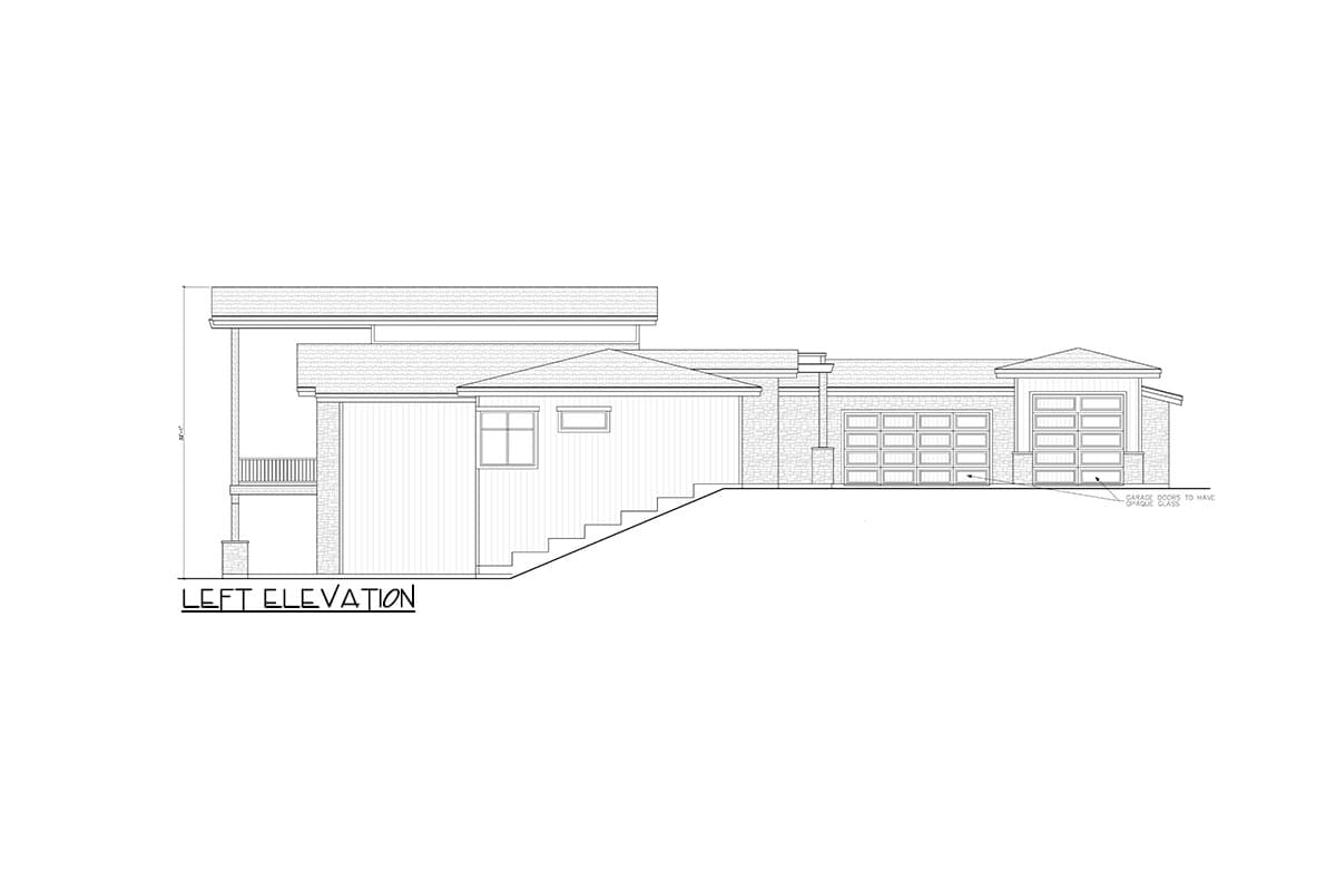 Left elevation of house plan showing a multi-level structure with a covered porch, vertical siding, and a three-car garage with glass doors.