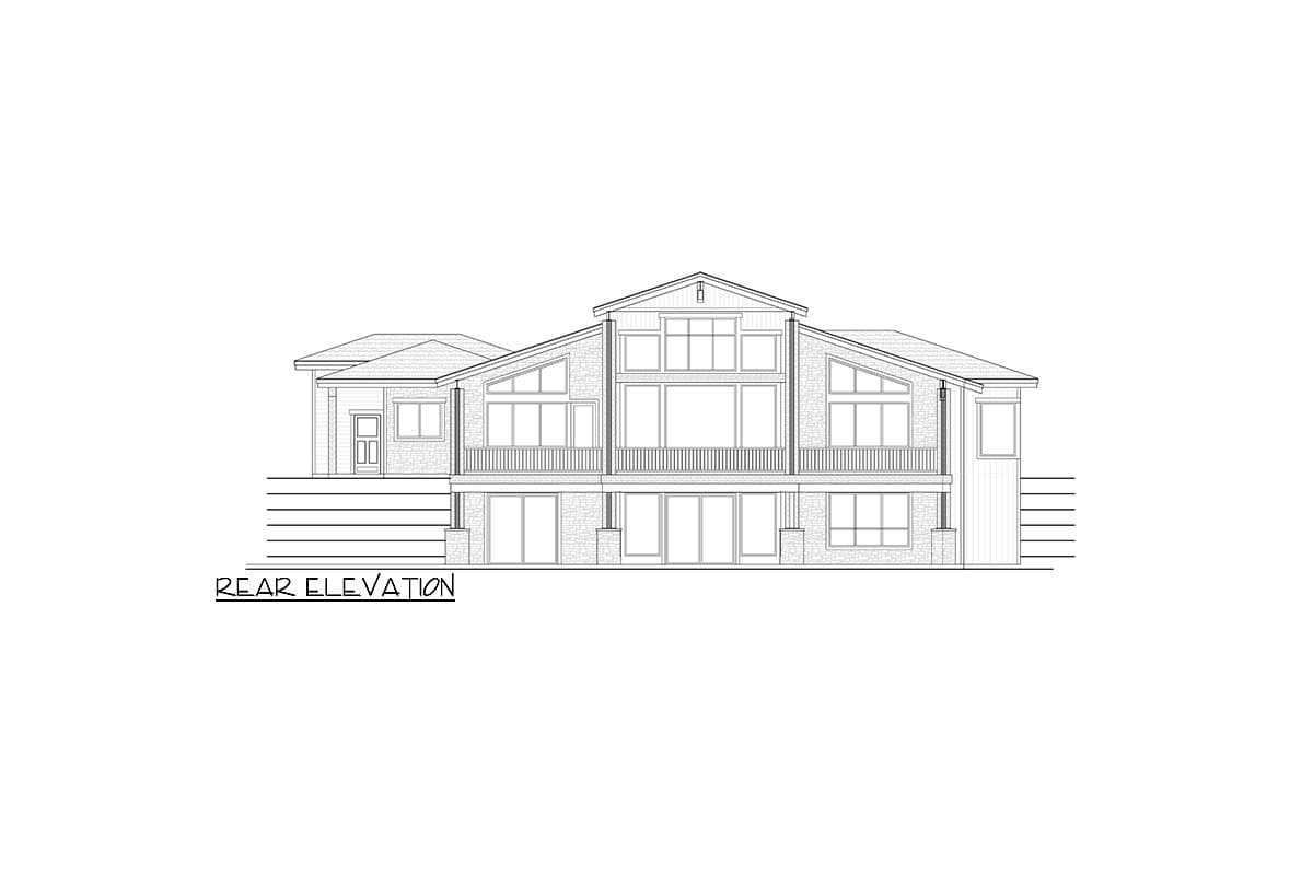 Rear elevation drawing of a multi-story house with a prominent central gable, expansive windows, and a covered lower level.