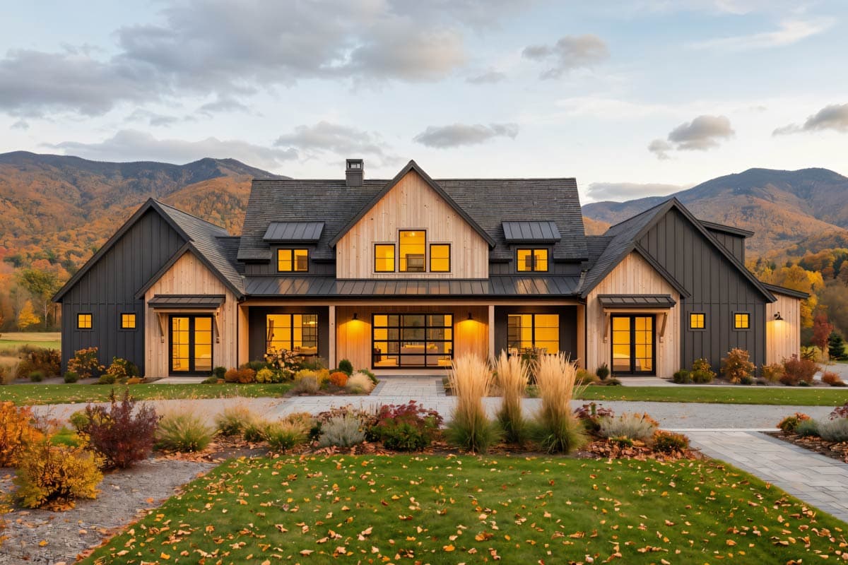 A modern farmhouse with wood and dark siding, set against a backdrop of fall foliage and mountains. Warm interior lights glow in windows.