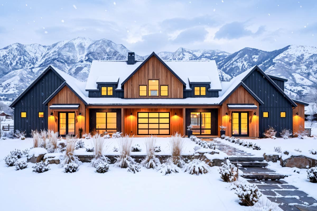 Modern farmhouse house plan exterior with timber and dark siding, multiple gables, dormers, and a covered porch.