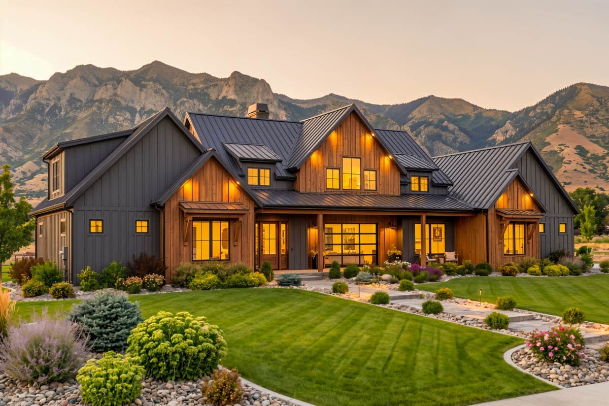 Modern Farmhouse house plan exterior with dark siding, wood accents, metal roof, gables, dormers, and covered porch.