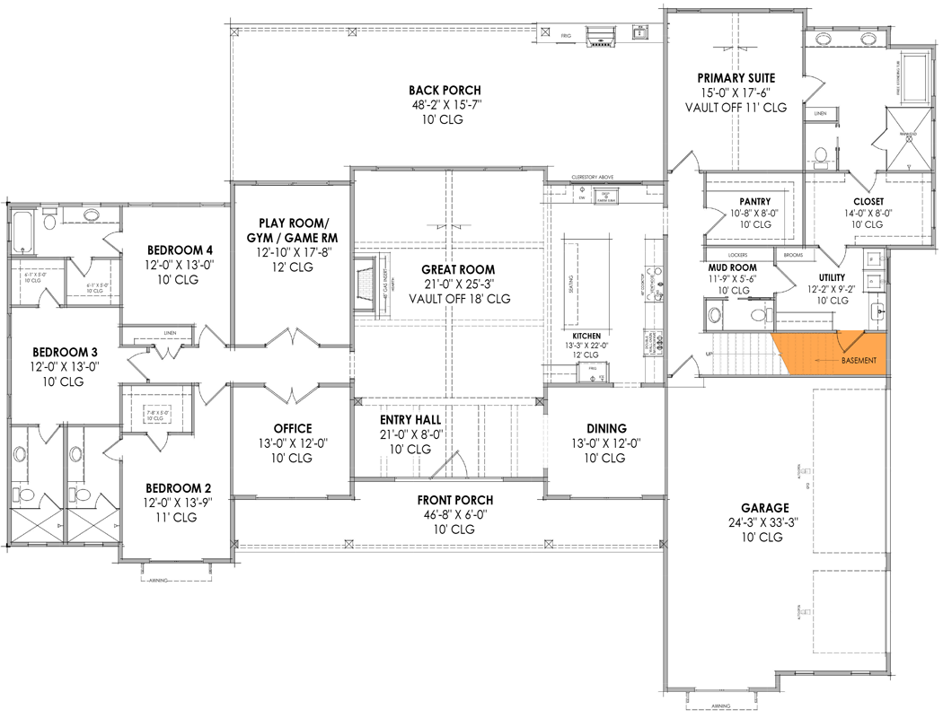 Plan 818087JSS: 4-Bed Modern Farmhouse Plan with Bonus Room - 3718 Square Feet - Floor Plan - Main Level - Basement Stairs - Country, Craftsman, Modern Farmhouse, New American